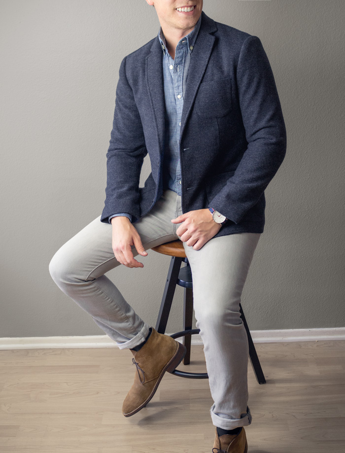 Brown Tweed Sport Coat Outfit Idea With Navy Pants & OCBD