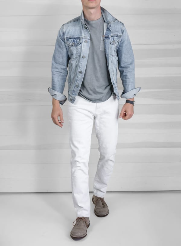 white jean jacket outfit mens