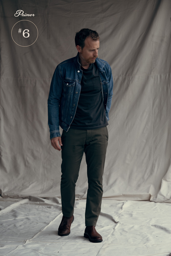 Primer #6 outfit example of a man wearing a smart casual outfit of a denim jacket, shirt, pants, and boots