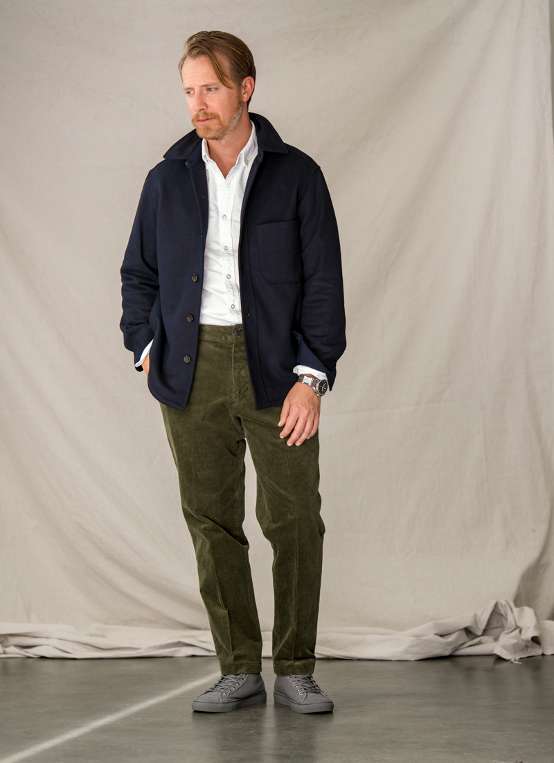 men's outfit with olive corduroy pants