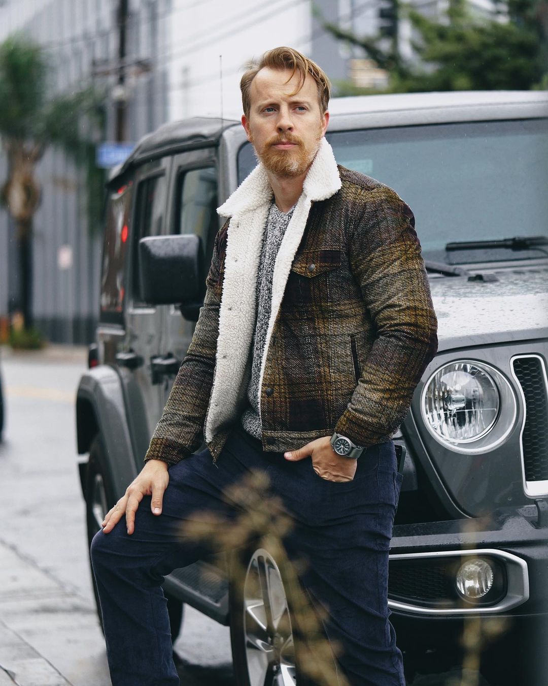 Men's Cropped Flannel Blouson Trucker Jacket Wool Blend