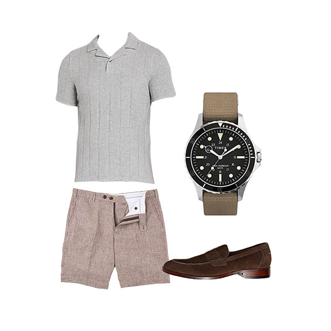 Summer outfit brown shorts polo shirt casual wear
