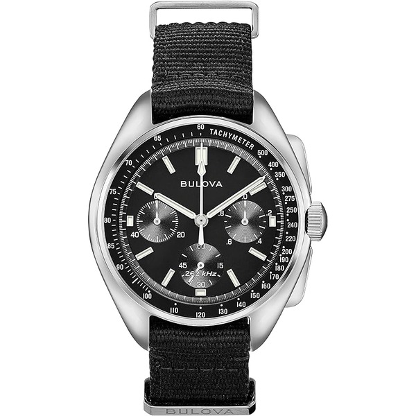 a watch with silver dial and black nylon strap