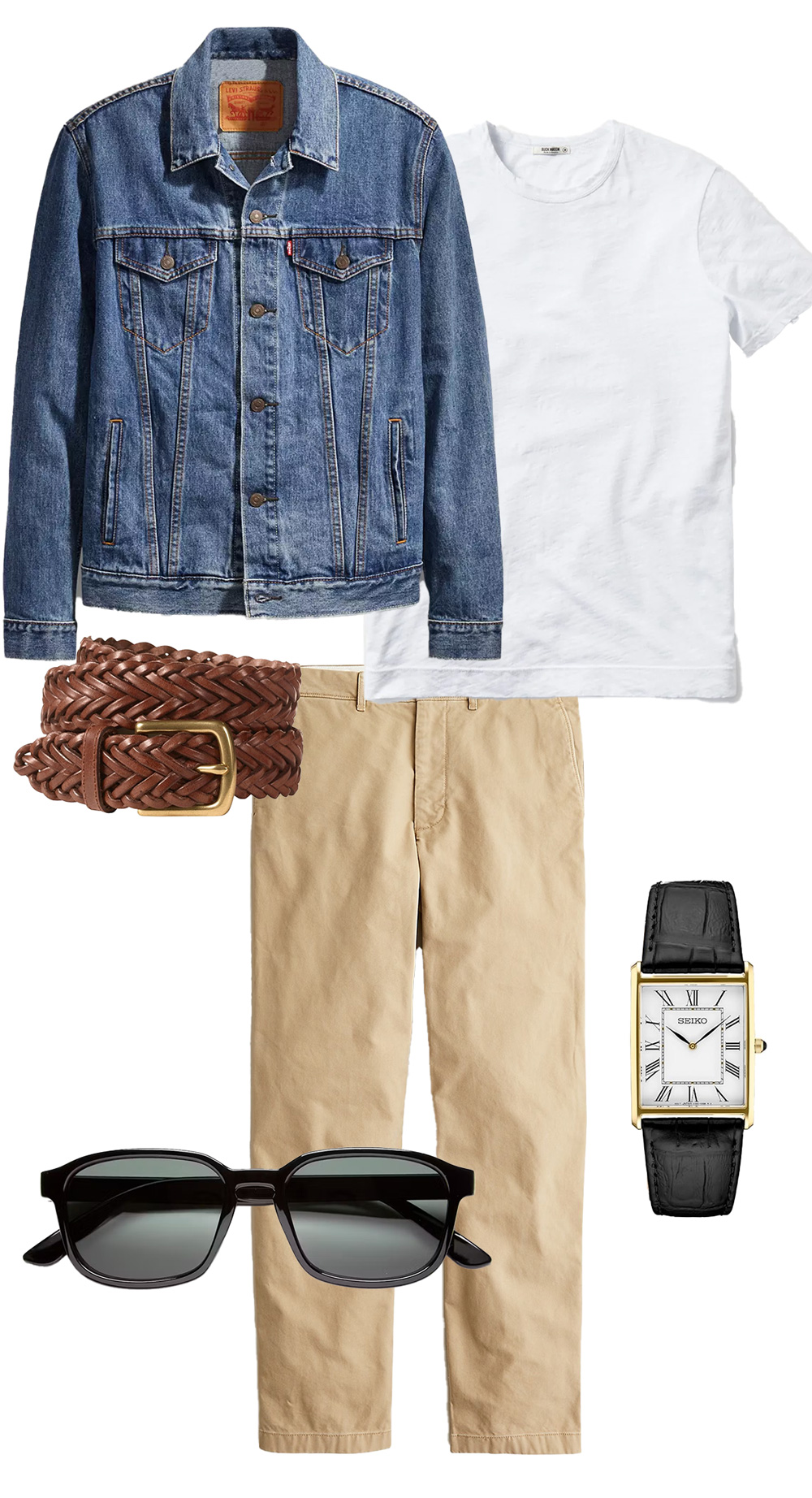summer outfit collage denim jacket, white t-shirt, chinos, woven belt, black rectangle watch, black sunglasses