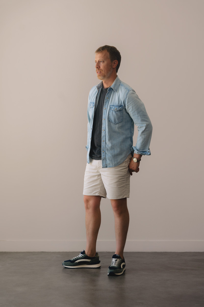outfit with denim shirt, shorts, and running sneakers