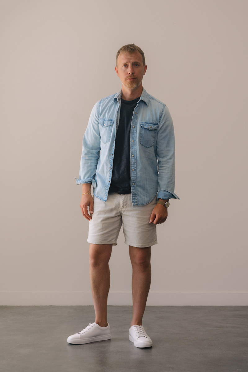 summer outfit with denim shirt and shorts with white sneakers