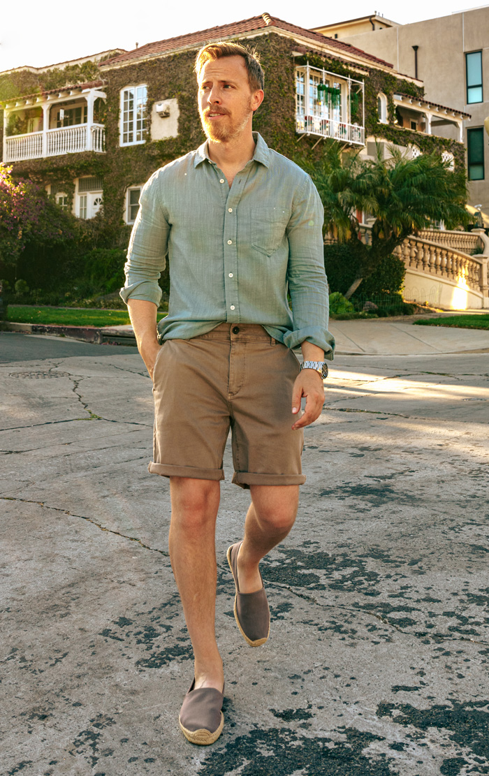 man wearing espadrilles with teal shirt and khaki shorts