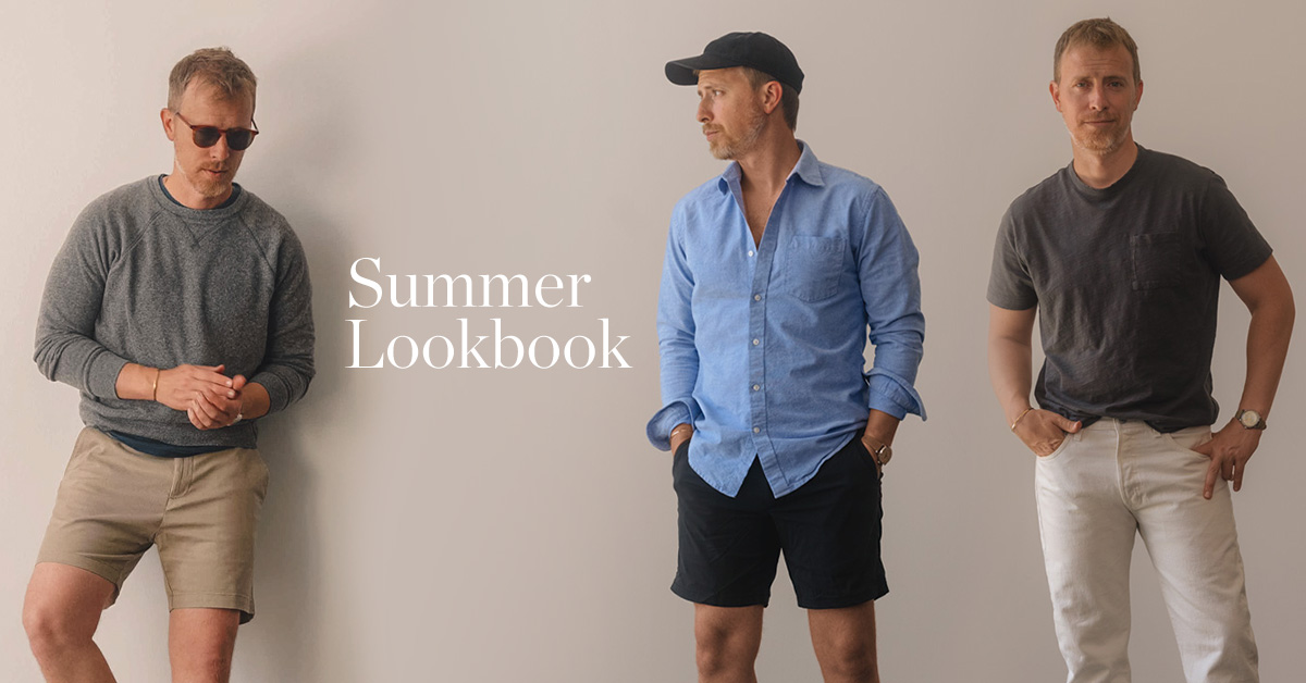 3 mens summer outfits with text that reads Summer Lookbook