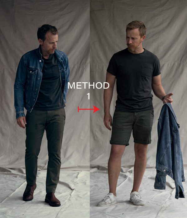 two photos with text that say Method 1 with an arrow pointing to the right, in both he is wearing a denim jacket and black tshirt, on the left he is wearing green chinos and boots and on the right he is wearing green shorts with white sneakers