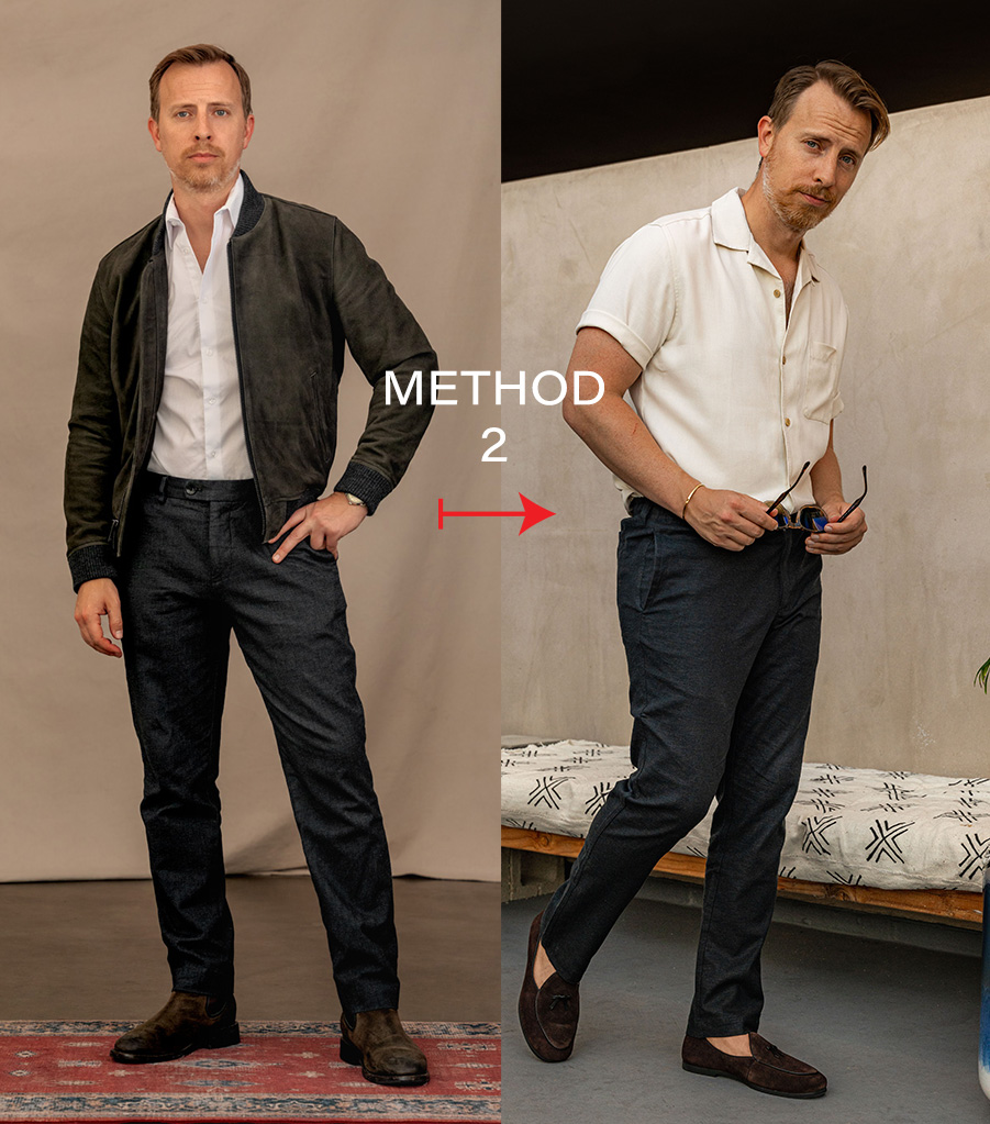 two photos with text that say Method 1 with an arrow pointing to the right,on the left he is wearing a suede bomber jacket and white dress shirt, grey dress pants, and suede boots; on the right he is wearing a white silk short sleeve shirt, grey linen pants, and suede loafers