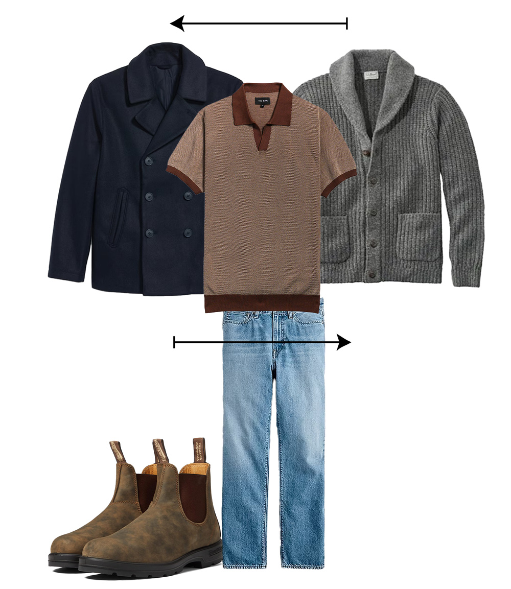 the same polo from before but now paired with a pea coat, shawl collar sweater, light jeans, and brown boots