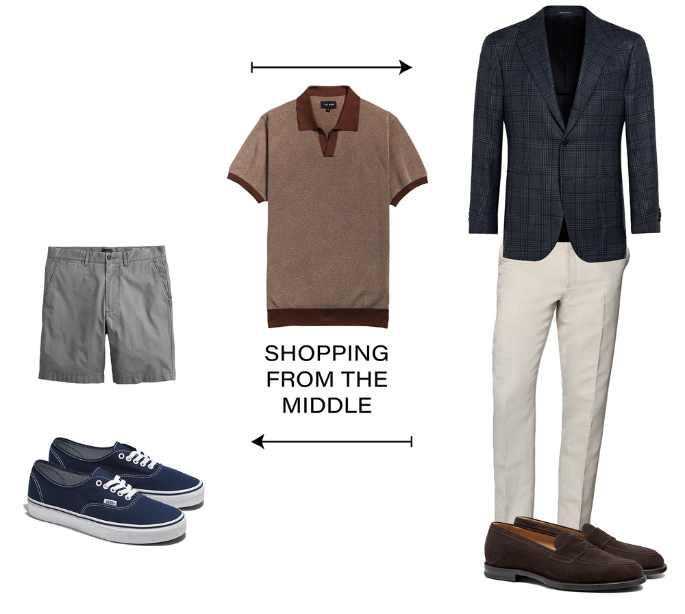 a brown polo in the middle with text that says shopping from the middle and two arrows pointing in opposite directions. on the left a pair of shorts and vans, on the right a navy blazer, tan dress pants, and suede loafers