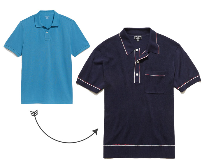 a pique polo next to a knit polo with vintage decorations with an arrow between them