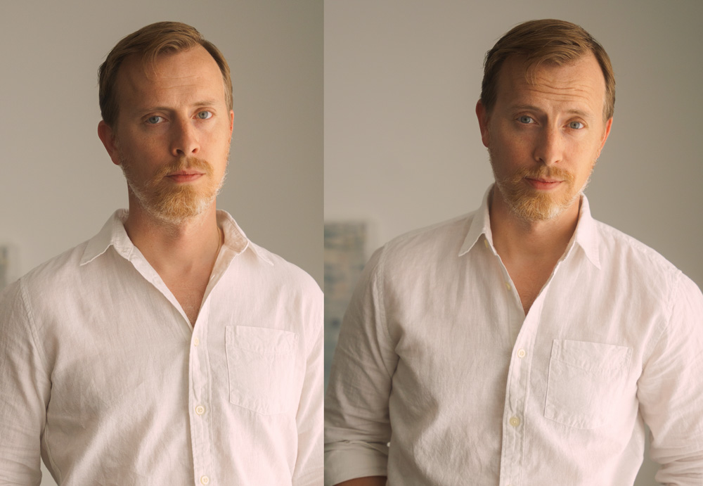side by side of a man wearing a shirt without and with a shirt collar under the collar of a linen shirt