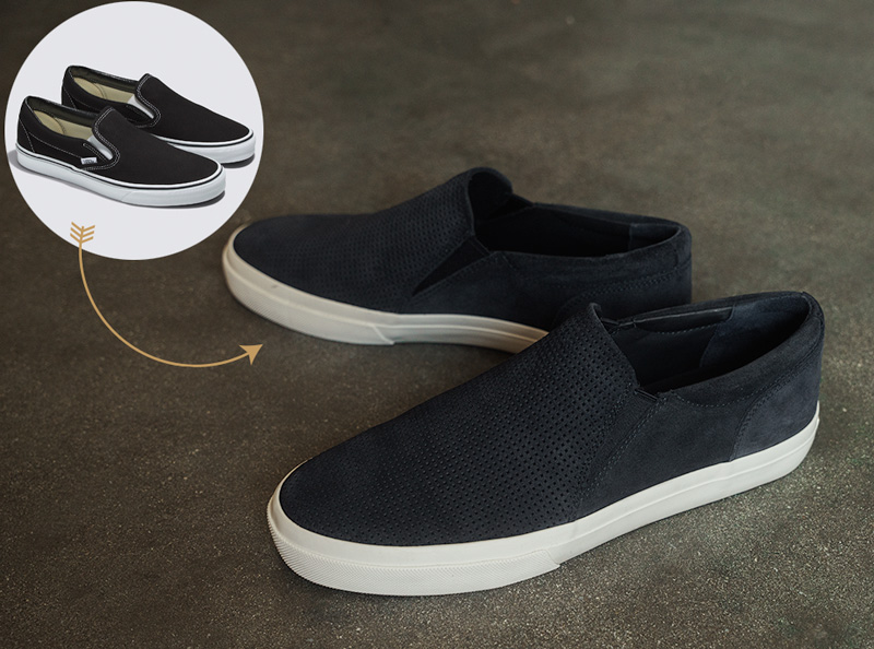 suede slip on sneakers with an inset image of canvas versions and an arrow pointing at them